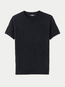 A black silk cashmere t-shirt with short sleeves and a round neckline. #color_black