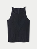 A sleeveless black silk cashmere top with a round neckline and intricate pattern. #color_black