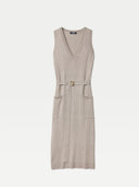 Beige sleeveless dress with a belt on a white background #color_nomad