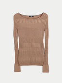 A beige ribbed cotton silk cashmere blend sweater. #color_timber-wolf