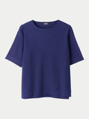 A navy blue box-cut cotton silk cashmere blend t-shirt with short sleeves. #color_navy