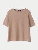 A beige box-cut cotton silk cashmere blend t-shirt with short sleeves, displayed on a mannequin. #color_timber-wolf