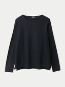 A black boatneck cotton silk cashmere blend sweater. #color_black