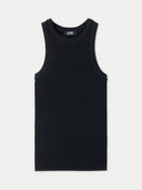 Black ribbed tank top made of cotton, silk, and cashmere blend. #color_black