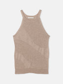 A beige organic color cashmere top with a knit pattern, displayed against a white background. #color_warm-grey
