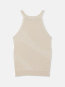 A beige organic color cashmere top with a round neckline and sleeveless design on a plain background. #color_off-white