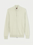 A light cream-colored knit zip-up sweater with a stand collar, ribbed cuffs, and a ribbed hem, shown against a plain light background.