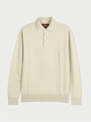 A light cream-colored long-sleeve knit polo sweater with a two-button placket, displayed flat against a light gray background.