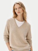 close up of Woman wearing a beige sweater over a white shirt on a light background #color_warm-grey