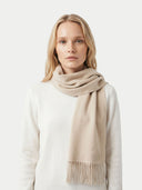 Woman wearing a beige scarf on a white background. #color_off-white