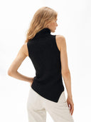 Back view of woman wearing a black sleeveless, turtleneck sweater vest on a white background #color_black