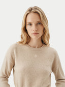 close up front view of a woman wearing a beige crew neck sweater with a small brand logo at the top-center, against a white background #color_beige