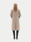back view of a person wearing a beige coat on a white background. #color_taupe