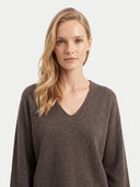 A blonde woman wearing a dark brown v-neck knit sweater, photographed against a clean light gray studio background.