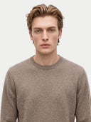 A man with light brown hair wearing a light brown crewneck knit sweater, photographed against a solid light gray background.