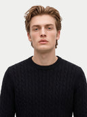 A young man with light brown hair wearing a black cable-knit crewneck sweater, photographed against a solid light gray background.