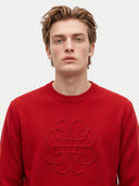 A young man with light brown hair wearing a red crewneck sweater with a tonal embroidered interlocking logo on the chest, set against a plain light gray background.