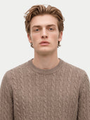 A young man with light brown hair wearing a taupe cable-knit crewneck sweater, photographed against a solid light gray background.