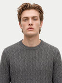 A man wearing a gray cable-knit crewneck sweater, photographed from the chest up against a plain light gray background.