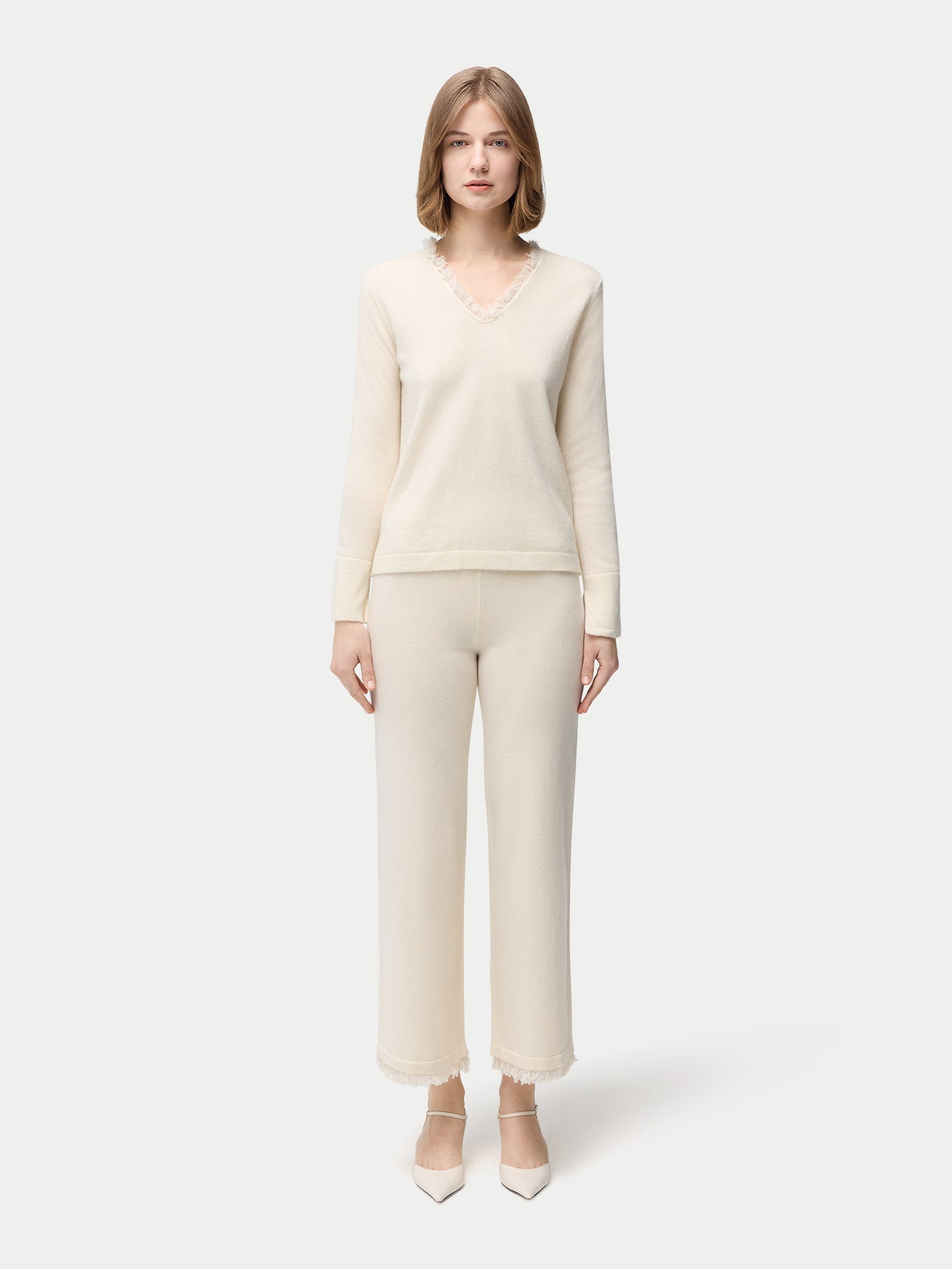 Women's Organic V-Neck Cashmere Sweater with Fringed Edges Off White | GOBI Cashmere