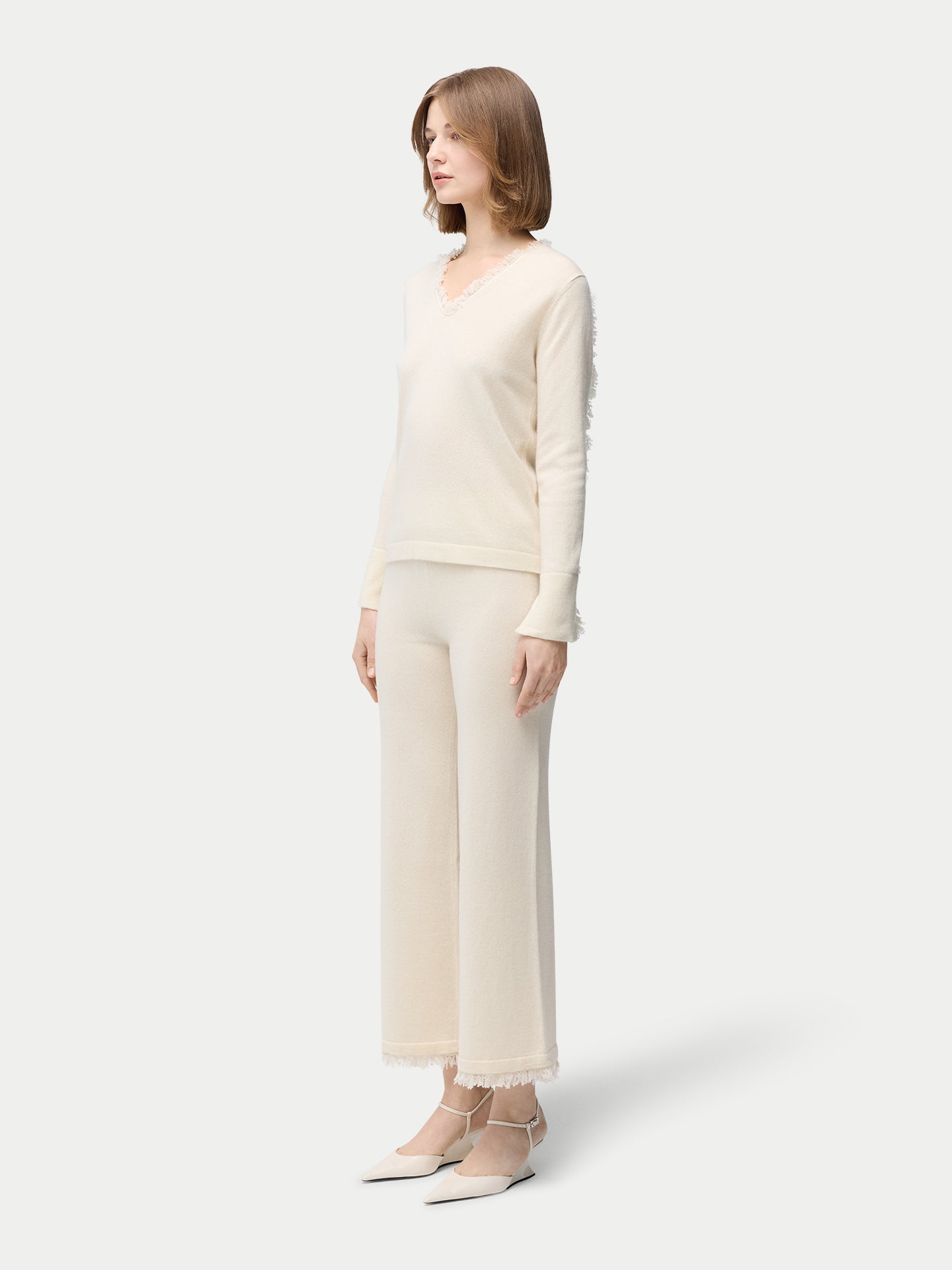 Women's Organic V-Neck Cashmere Sweater with Fringed Edges Off White | GOBI Cashmere