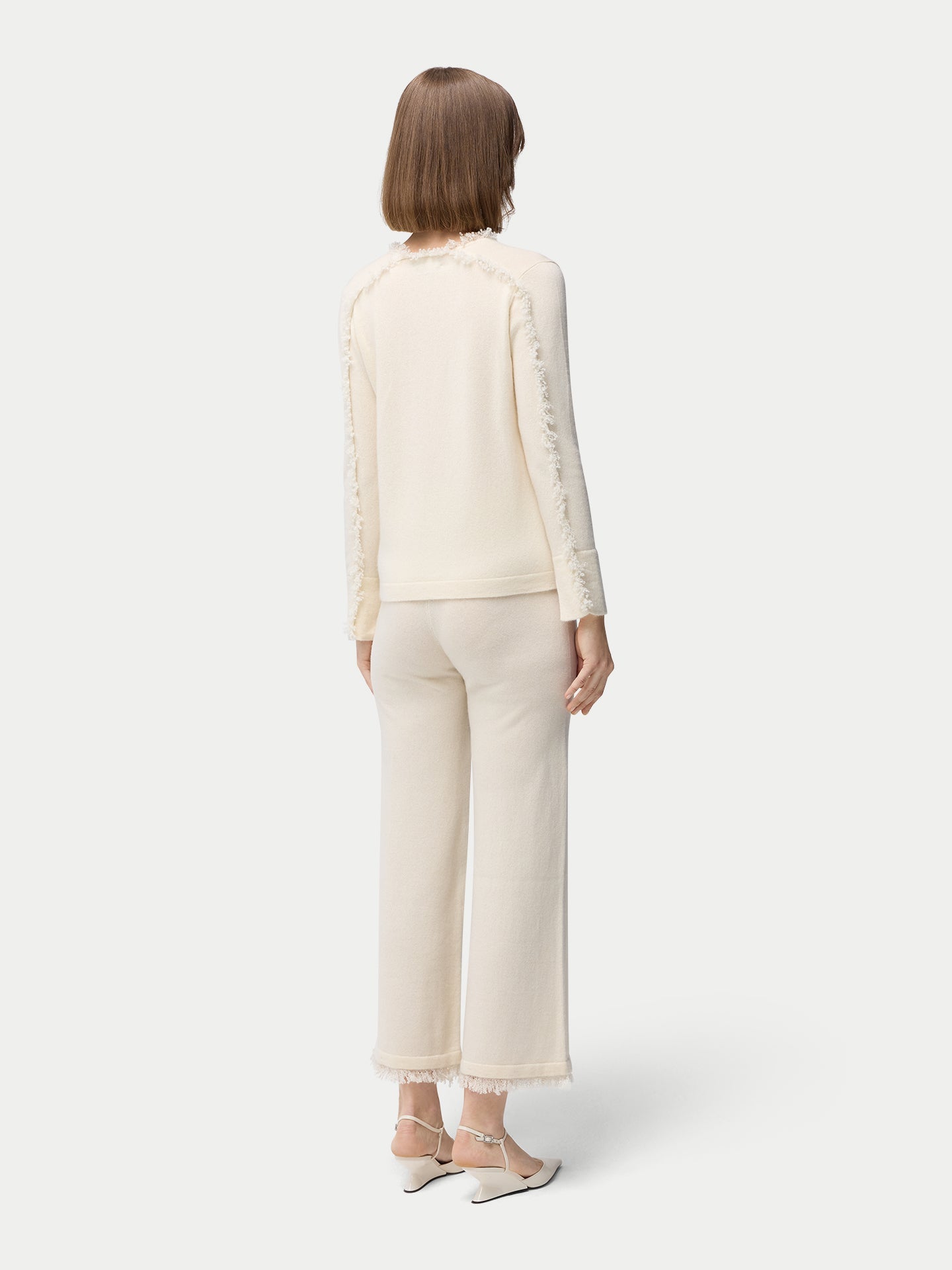 Women's Organic V-Neck Cashmere Sweater with Fringed Edges Off White | GOBI Cashmere