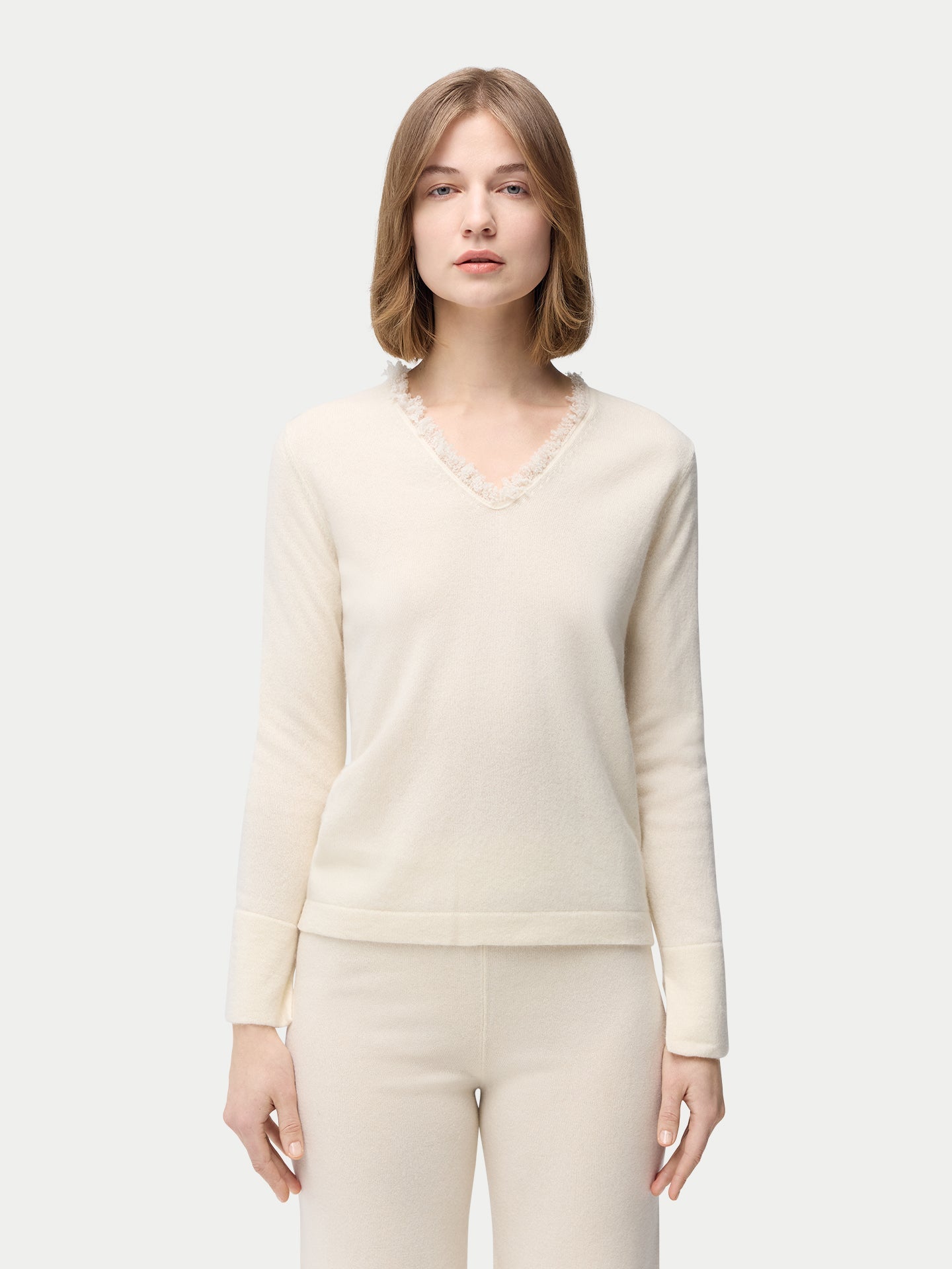 Women's Organic V-Neck Cashmere Sweater with Fringed Edges Off White | GOBI Cashmere