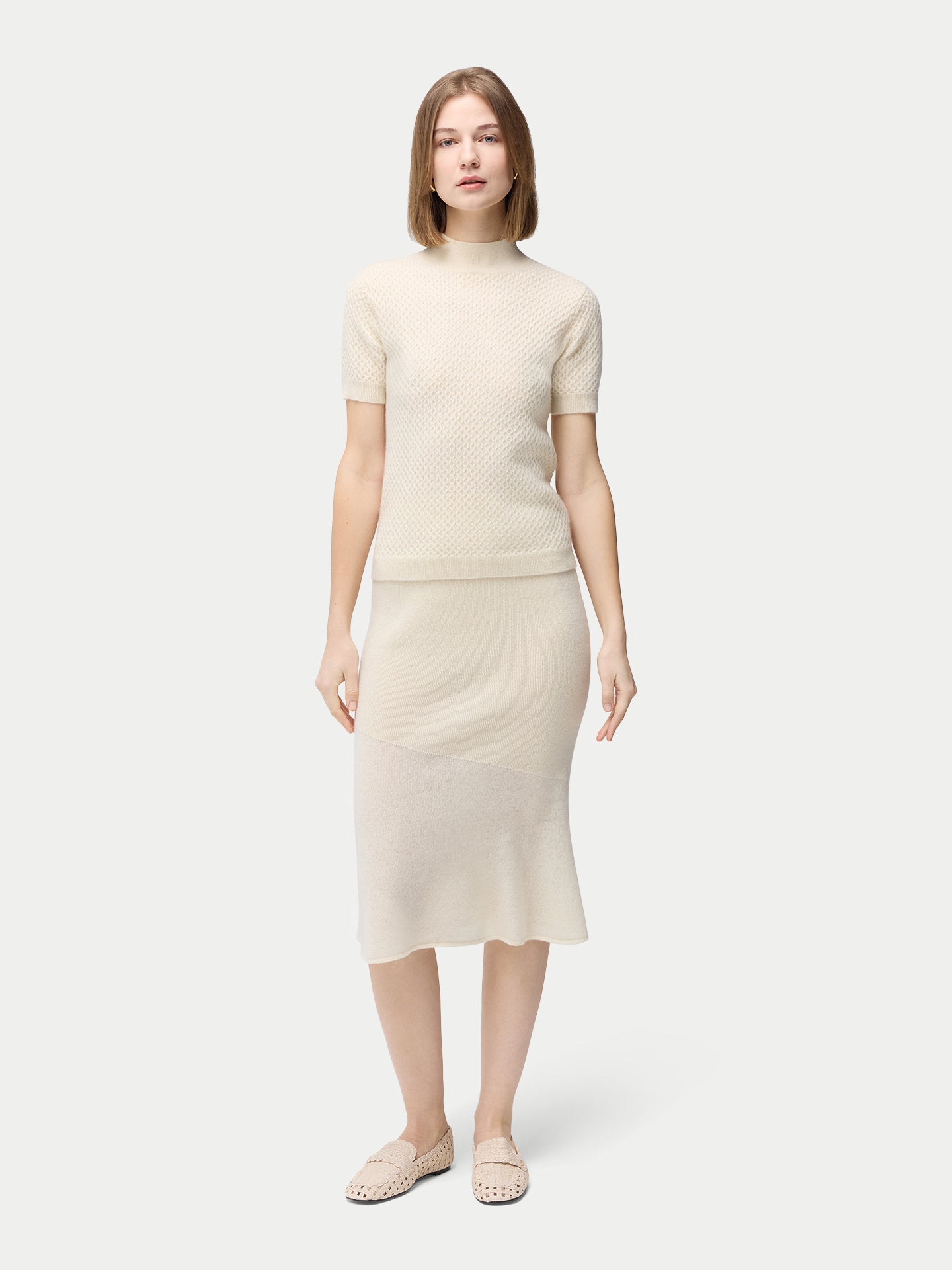 Organic Color Short-Sleeve Textured Cashmere Top