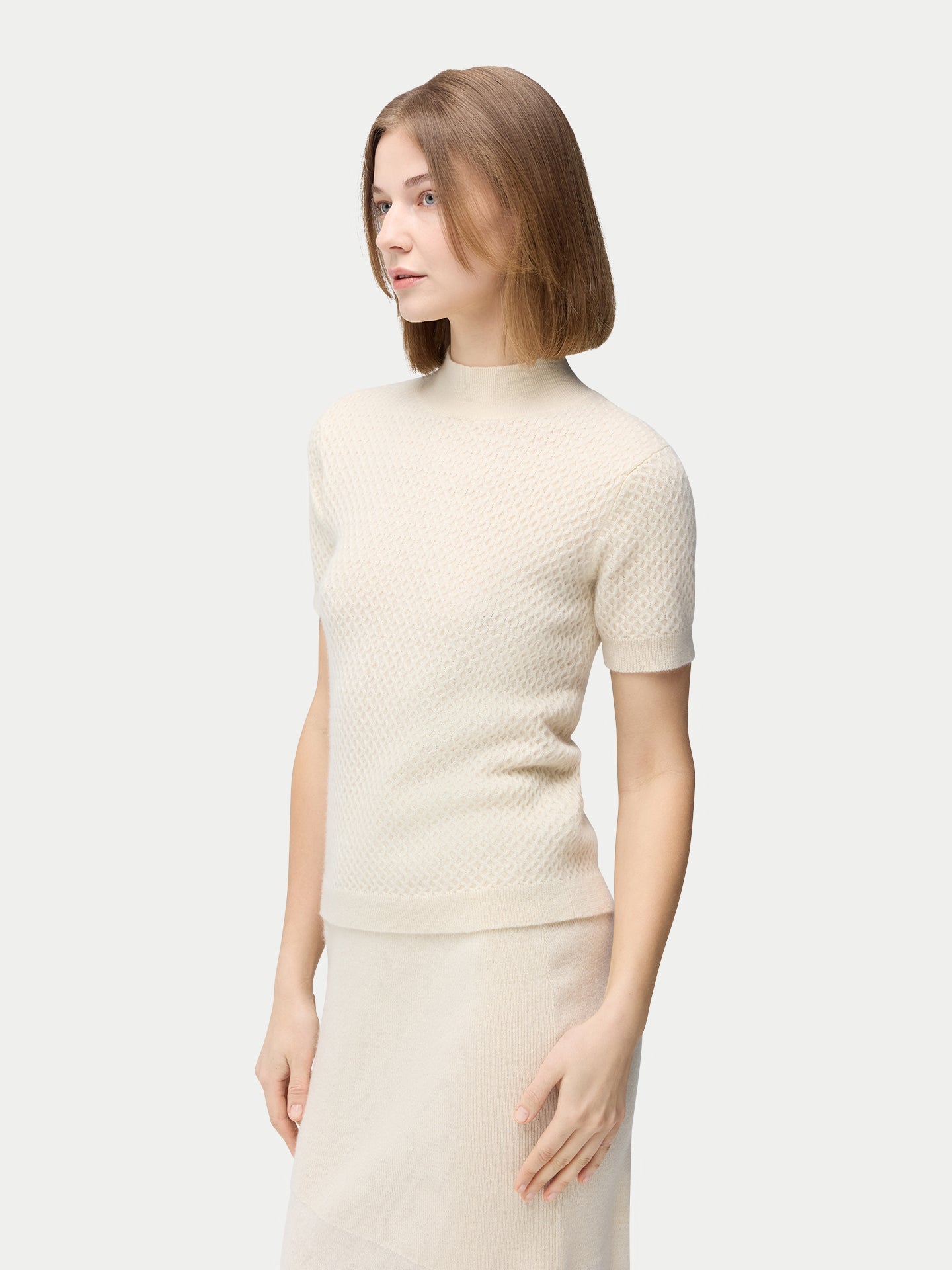 Organic Color Short-Sleeve Textured Cashmere Top