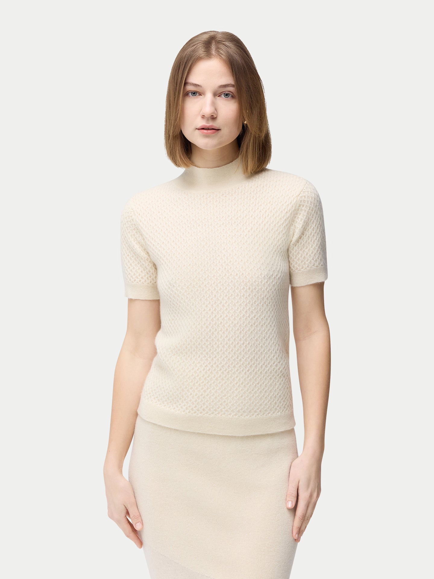 Organic Color Short-Sleeve Textured Cashmere Top