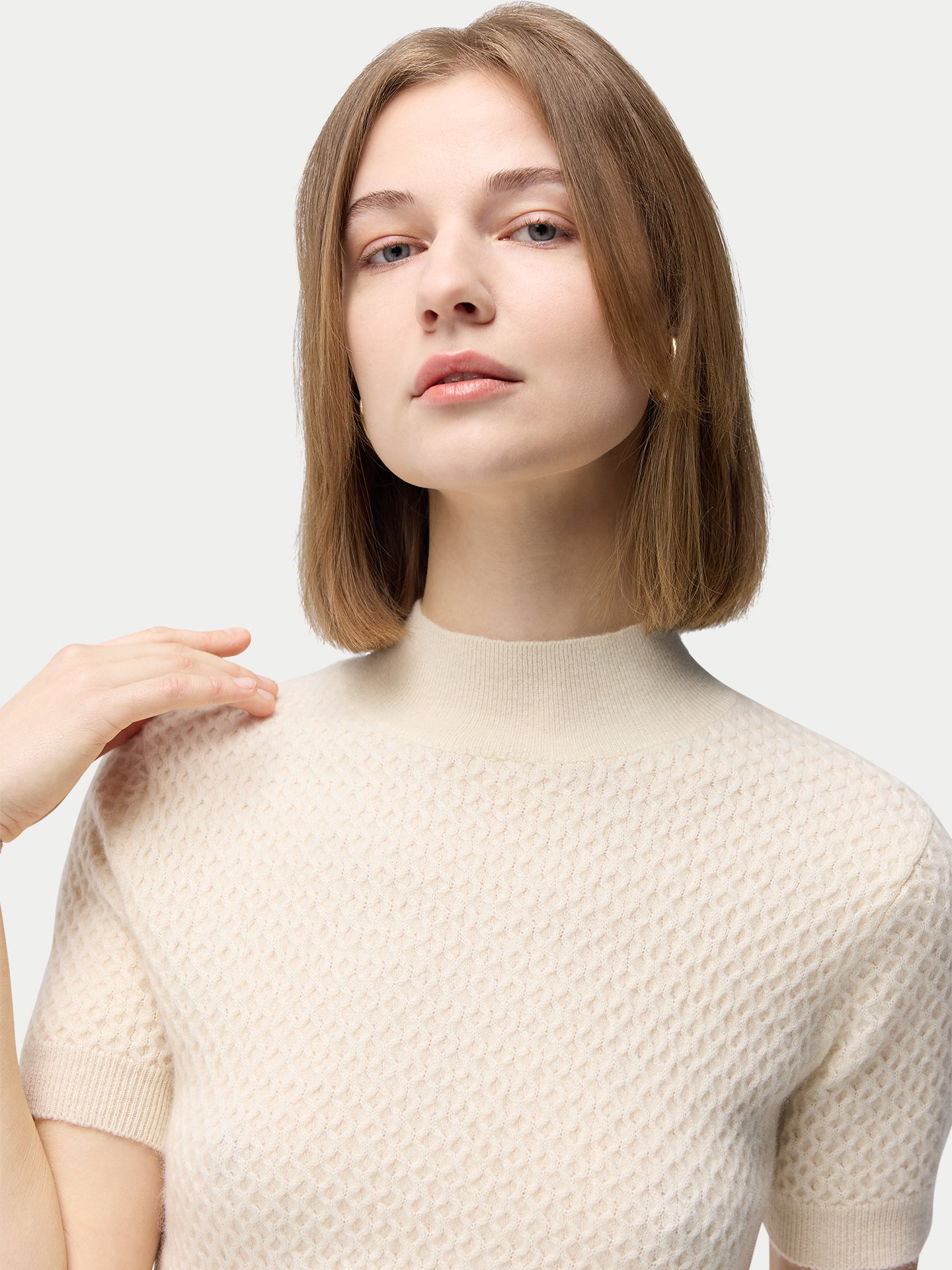Organic Color Short-Sleeve Textured Cashmere Top