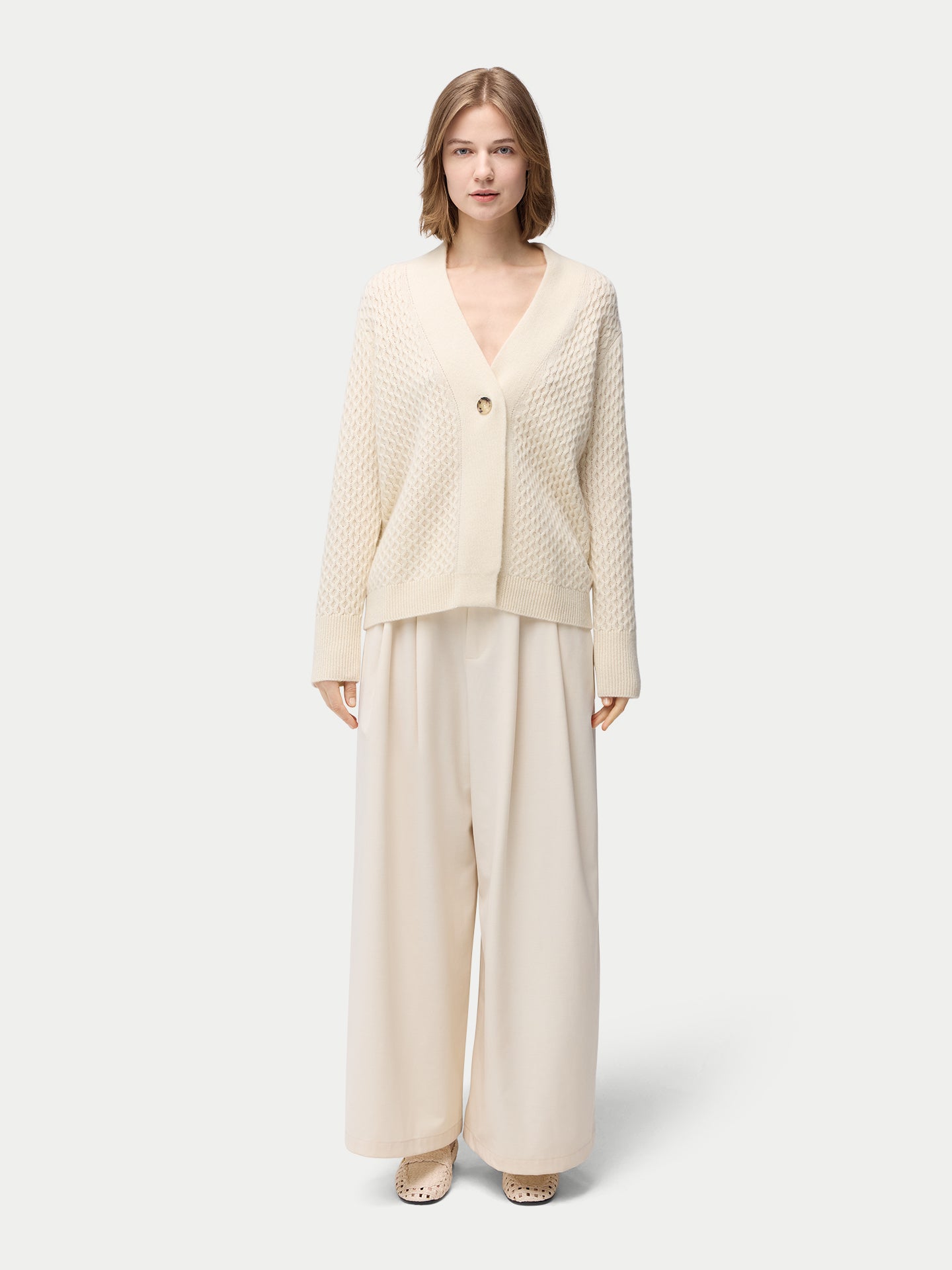 Organic Color Textured One Button-Front Cashmere Cardigan