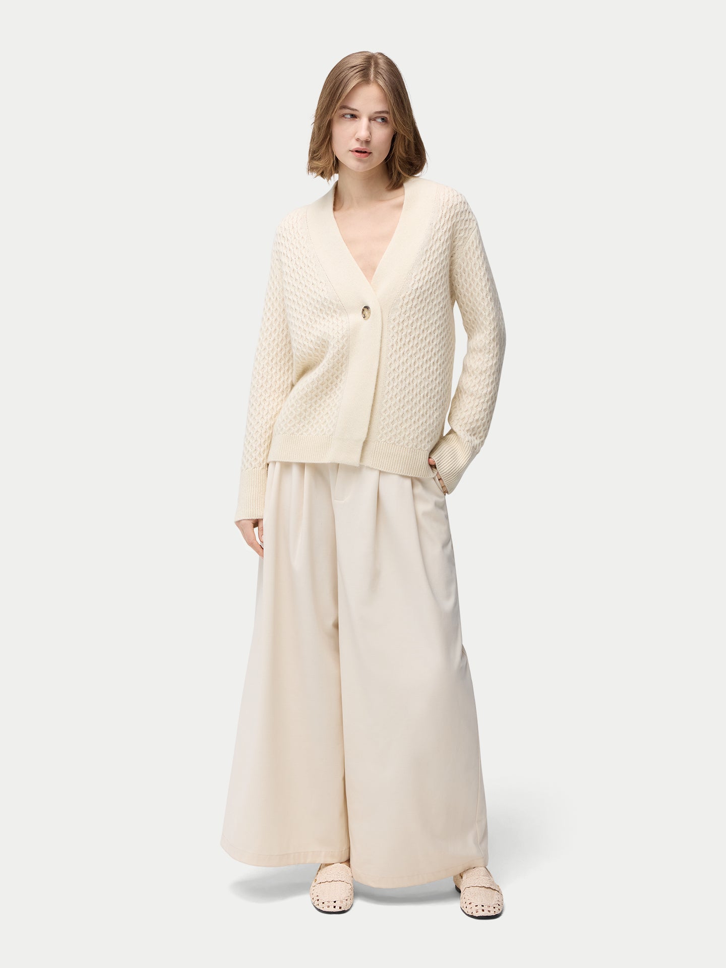 Organic Color Textured One Button-Front Cashmere Cardigan