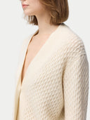 close up of a beige v-neck cardigan #color_off-white