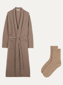 flat lay of a taupe colored bathrobe and socks #color_taupe