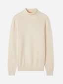 A cream-colored knit mock neck sweater with long sleeves and ribbed cuffs and hem, shown against a plain white background. #color_white