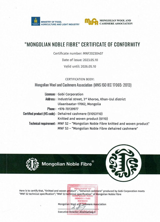 Mongolian Noble Fibre® certificate of conformity issued to GOBI