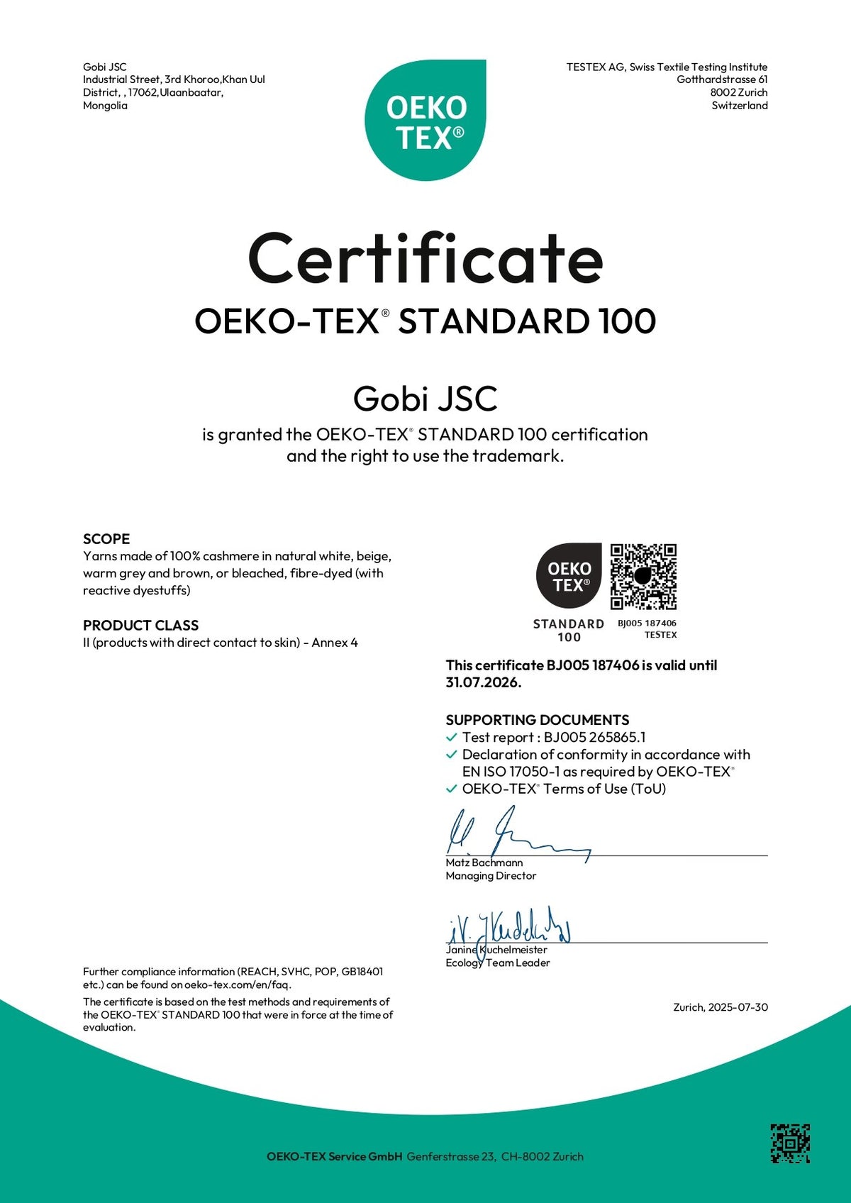 OEKO-TEX® STANDARD 100 certificate for GOBI cashmere yarns