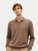 Man wearing a brown long-sleeve polo shirt against a plain background #color_taupe