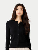 Woman wearing a black cardigan against a white background #color_black