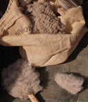 Burlap bag with grooming tools and collected fur on a reflective surface.