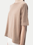 close up of a brown short sleeve, crew neck top #color_timber-wolf
