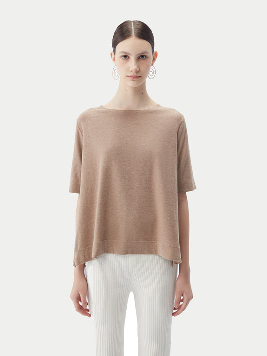 Women's Box-Cut Cotton Silk Cashmere Blend T-Shirt Timber Wolf - Gobi Cashmere
