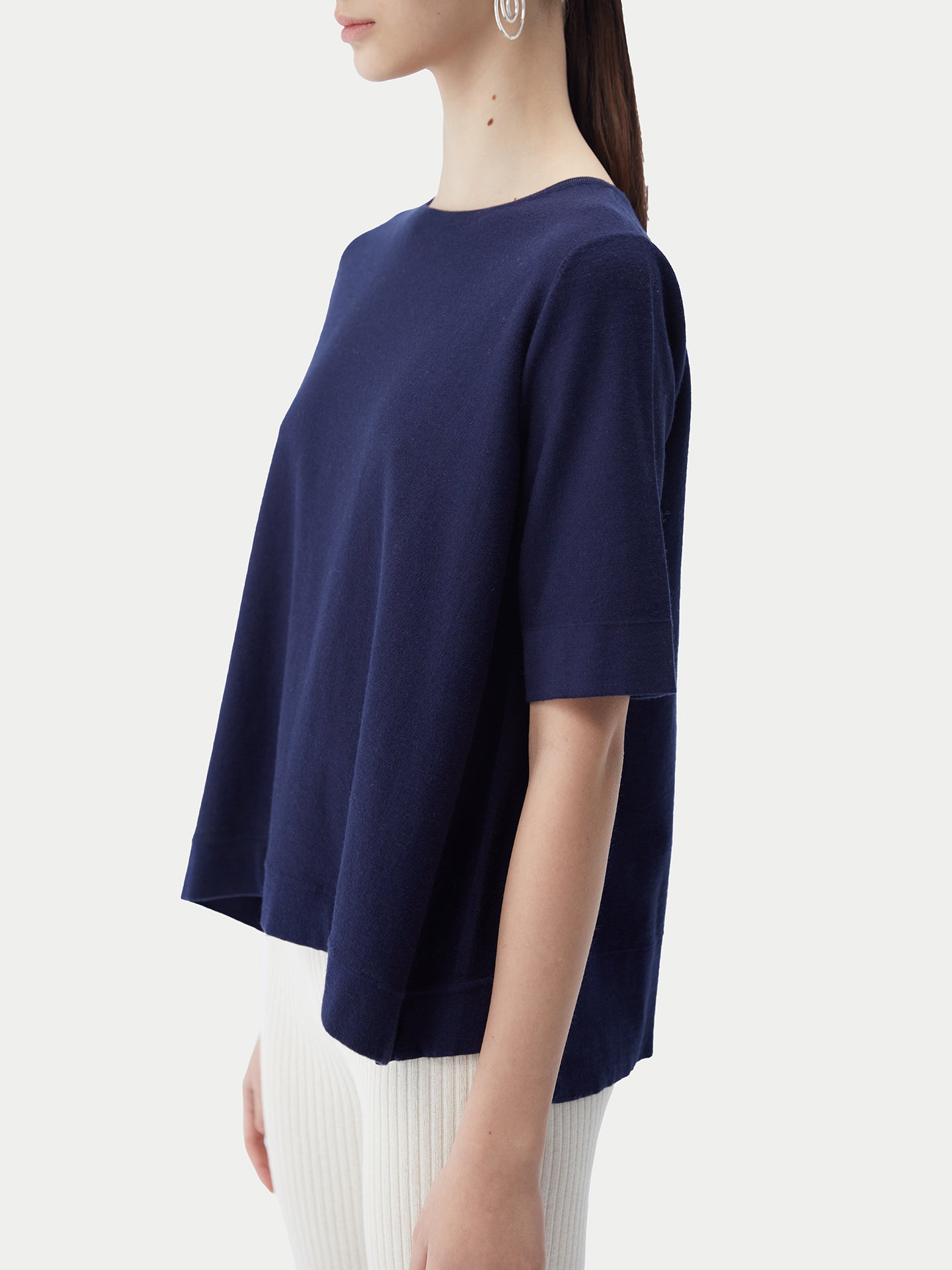 Women's Box-Cut Cotton Silk Cashmere Blend T-Shirt Navy - Gobi Cashmere