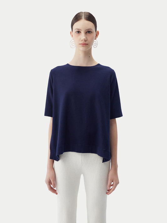 Women's Box-Cut Cotton Silk Cashmere Blend T-Shirt Navy - Gobi Cashmere