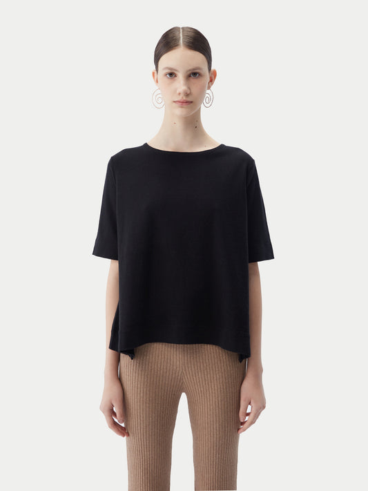 Women's Box-Cut Cotton Silk Cashmere Blend T-Shirt Black - Gobi Cashmere