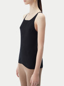 close up side view of a black sleeveless cashmere tank top #color_black