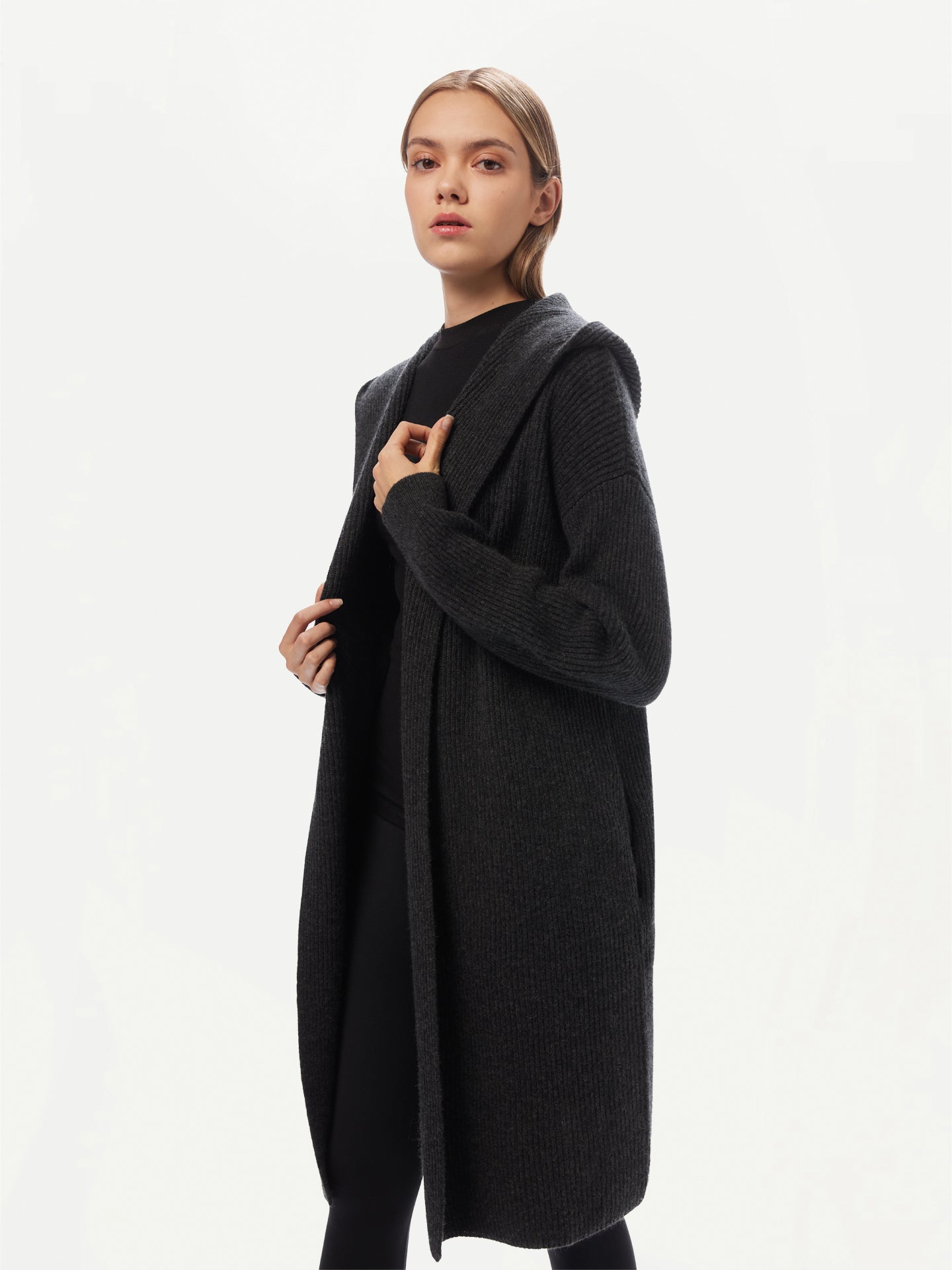 Women's Cashmere Hooded Cardigan Charcoal - Gobi Cashmere