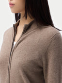 Close-up of a person wearing a brown zip-up sweater on a white background  #color_taupe