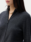 close up of  a person wearing a dark gray zip-up sweater with a neutral background #color_charcoal